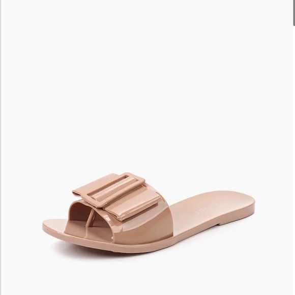NWT Olivia Miller Women’s Brooke Jelly Bow Buckle Slide Flat Sandals Tan Size 7 - Picture 3 of 5